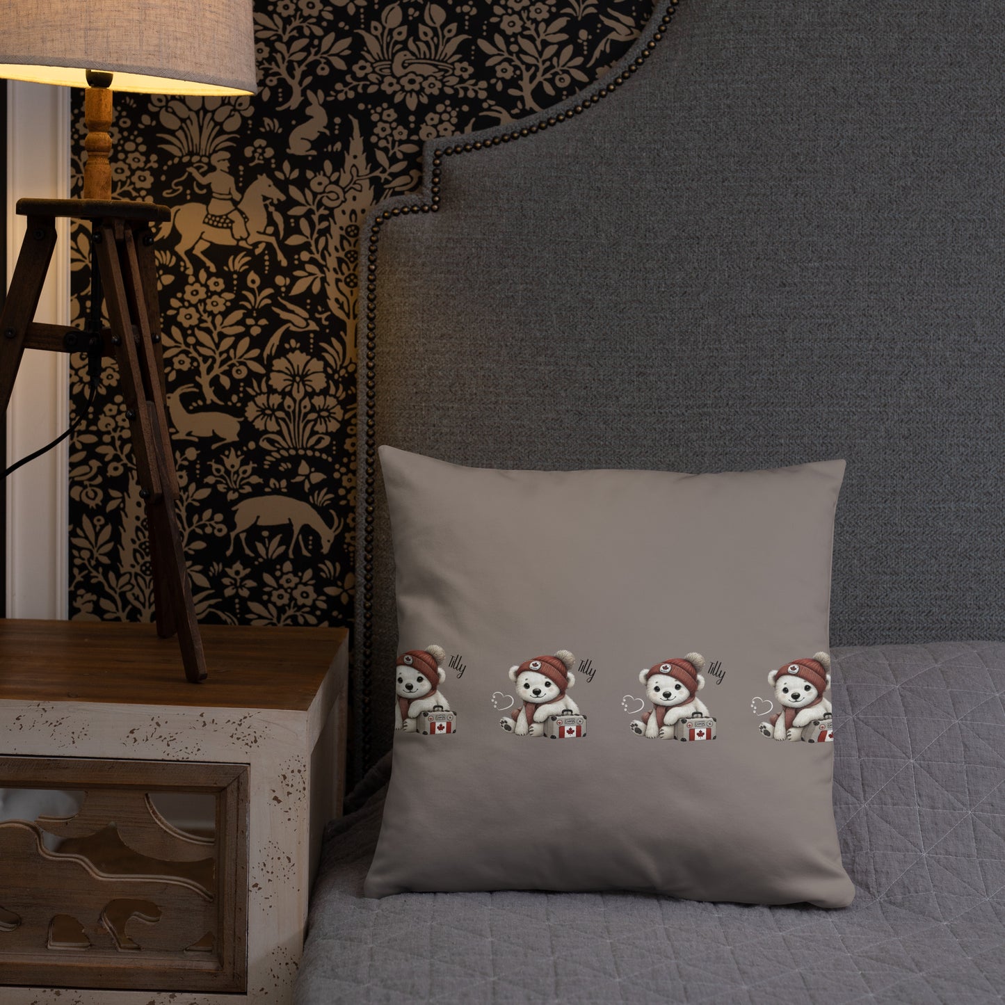 mix and match, cozy decorative pillow with tilly polar bear design shouting out Canadiana