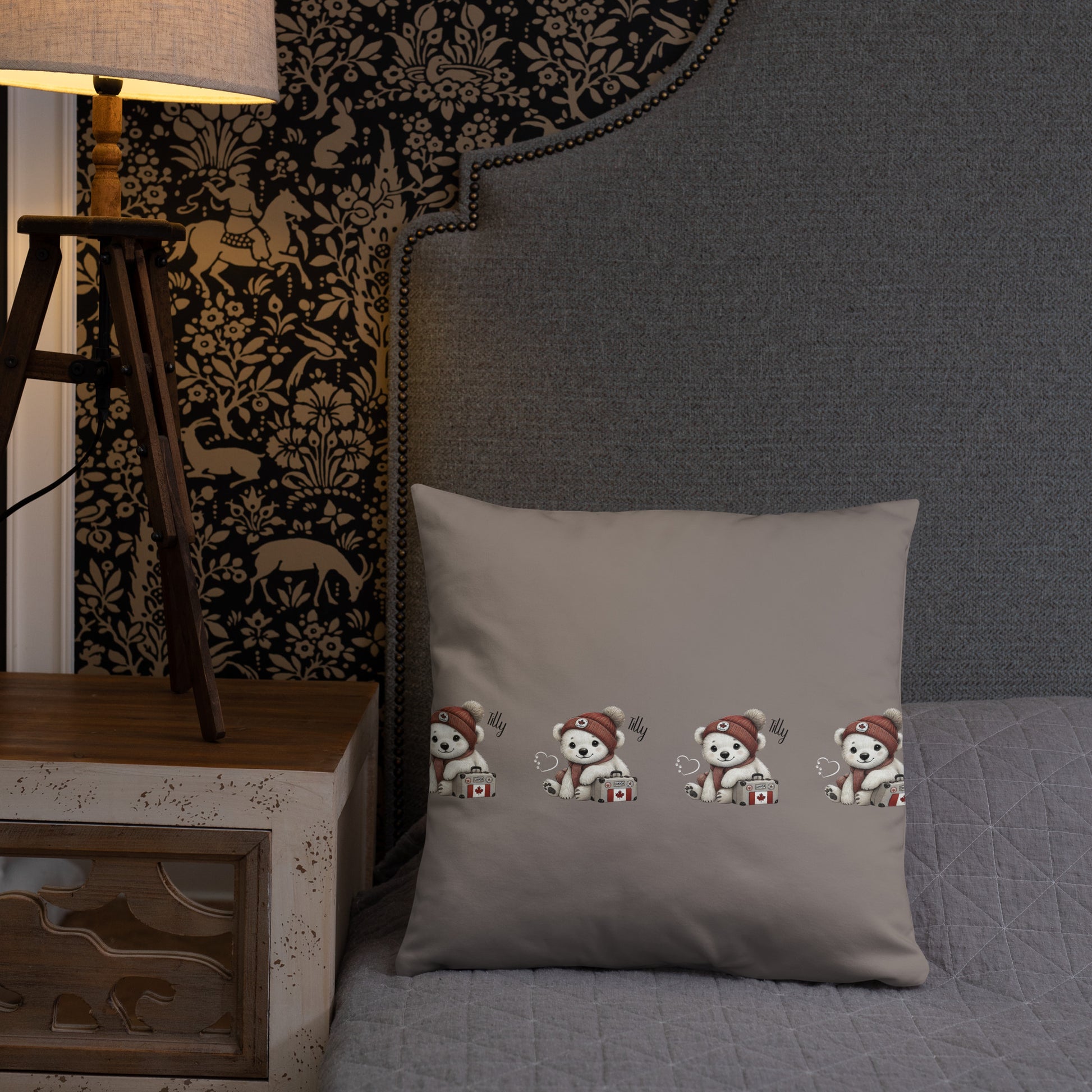 mix and match, cozy decorative pillow with tilly polar bear design shouting out Canadiana