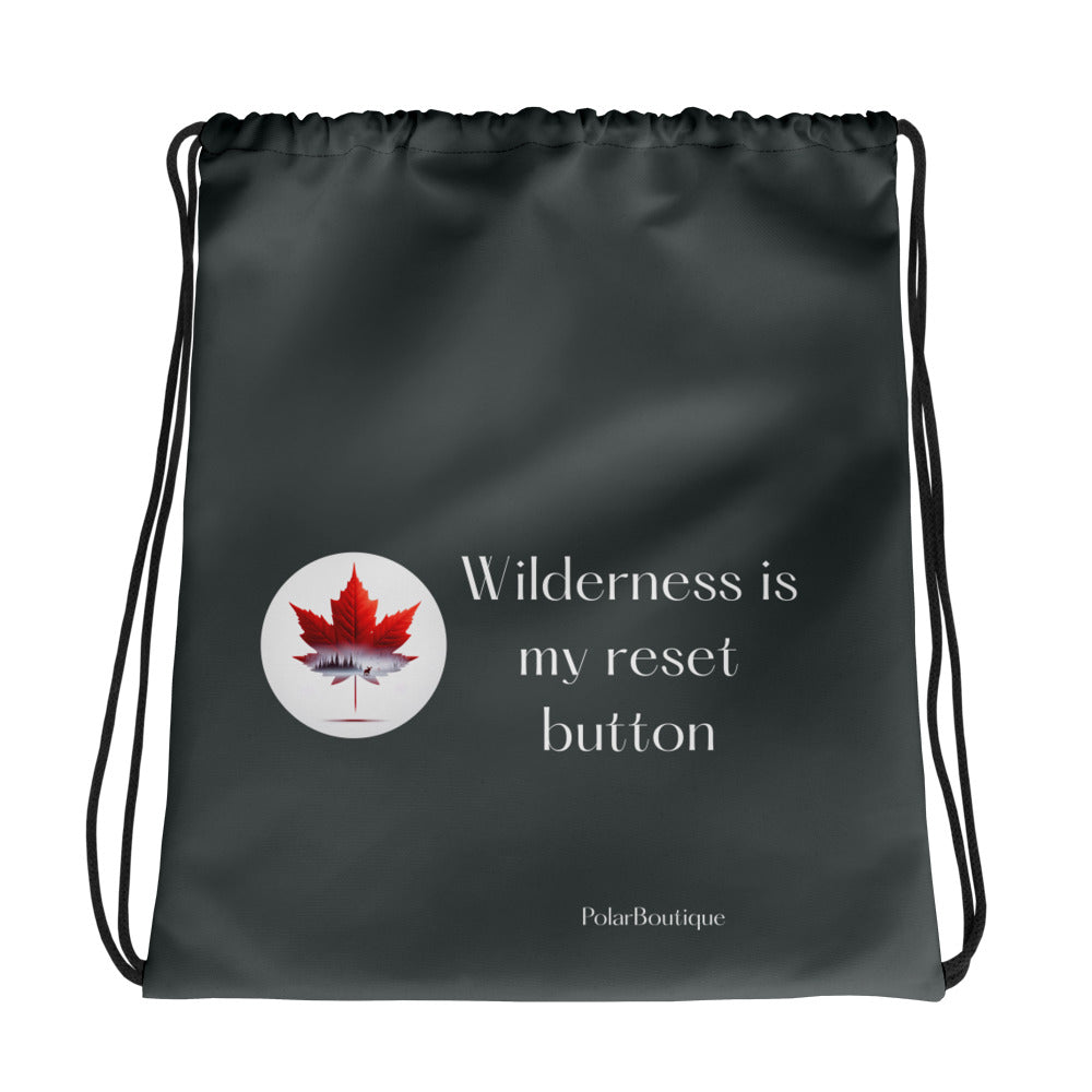 Black drawstring bag with a red maple leaf graphic and text on a white background, back side