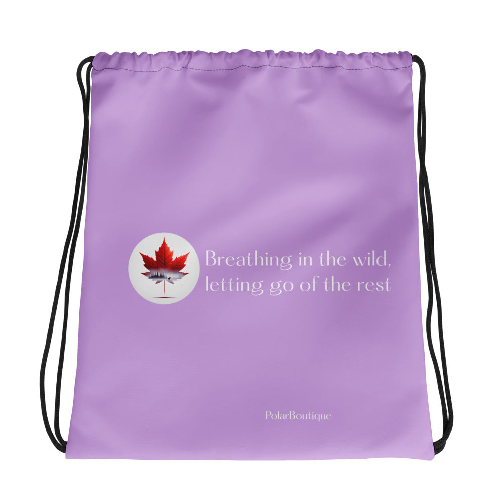 Lilac drawstring bag with a red maple leaf and text on a white background