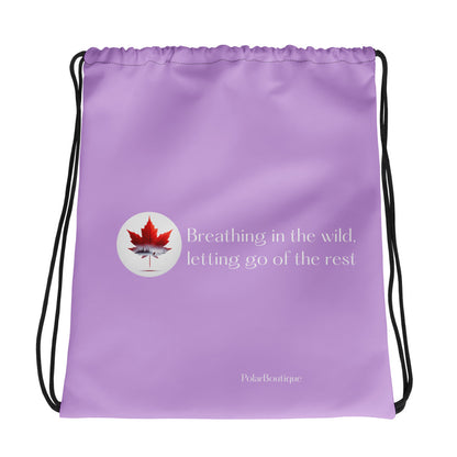 Lilac drawstring bag with a red maple leaf and text on a white background