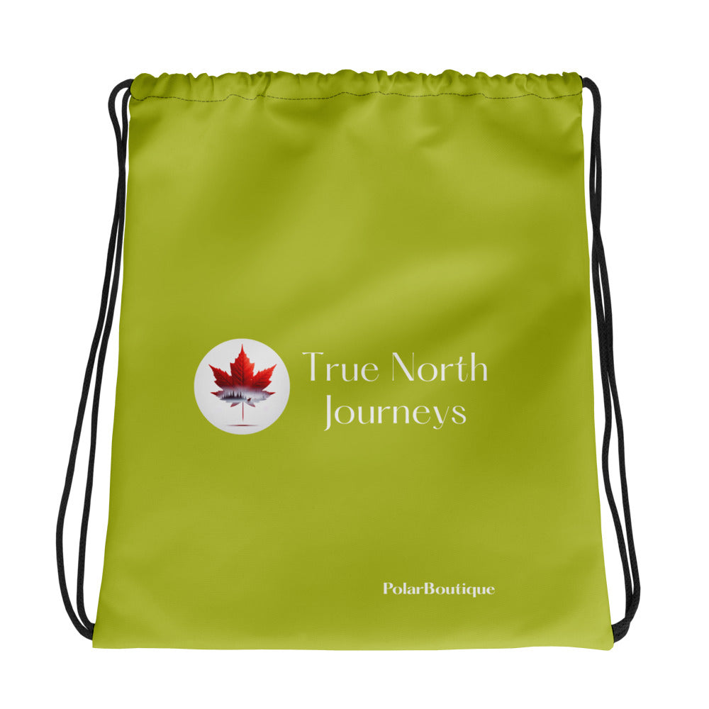 back of Chartreuse drawstring tote meditating bear canoe 15x17
