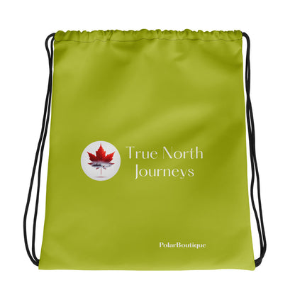 back of Chartreuse drawstring tote meditating bear canoe 15x17