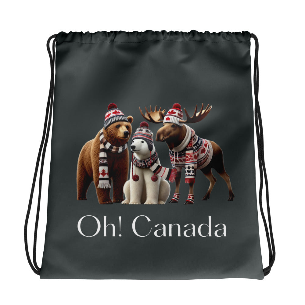 Drawstring bag with Canadian-themed animals and 'Oh! Canada' text on a dark background, front side