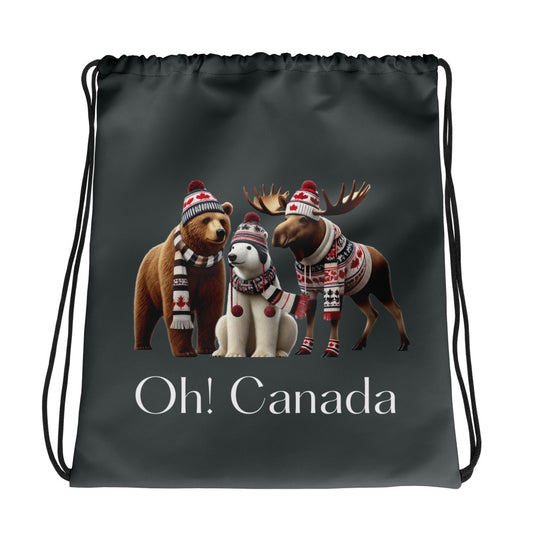 Drawstring bag with Canadian-themed animals and 'Oh! Canada' text on a dark background, front side