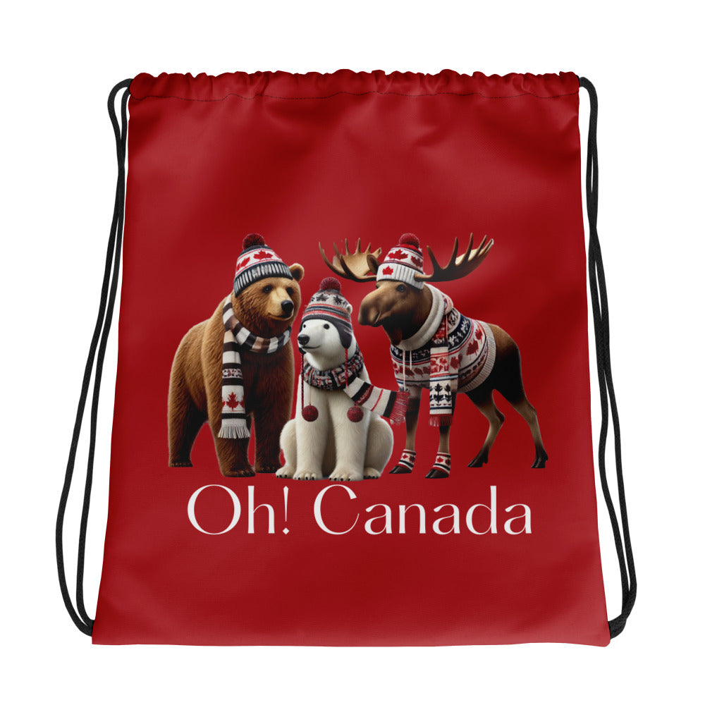 Red drawstring bag with Canadian-themed animals and 'Oh! Canada' text on a white background, front side