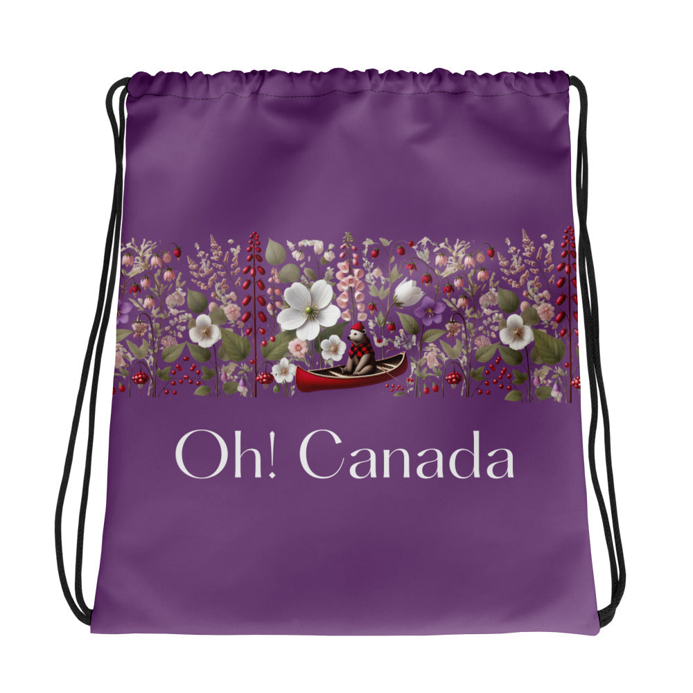Dark purple drawstring bag with floral design and 'Oh! Canada' text on a white background