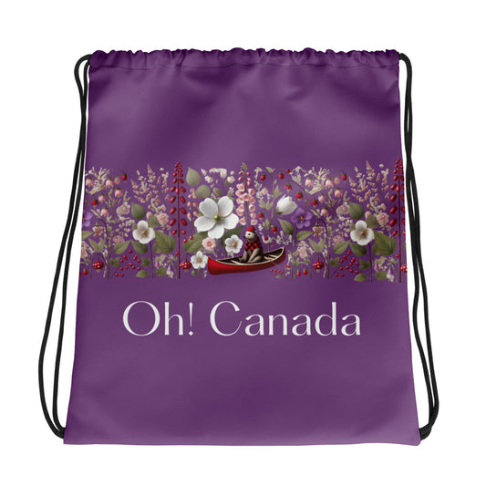 Dark purple drawstring bag with floral design and 'Oh! Canada' text on a white background