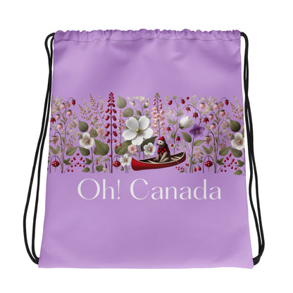 Lilac Purple drawstring bag with floral design and 'Oh! Canada' text on a white background