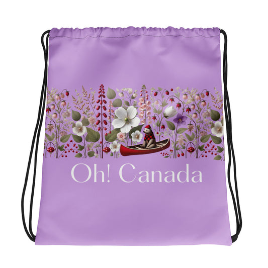 Lilac Purple drawstring bag with floral design and 'Oh! Canada' text on a white background