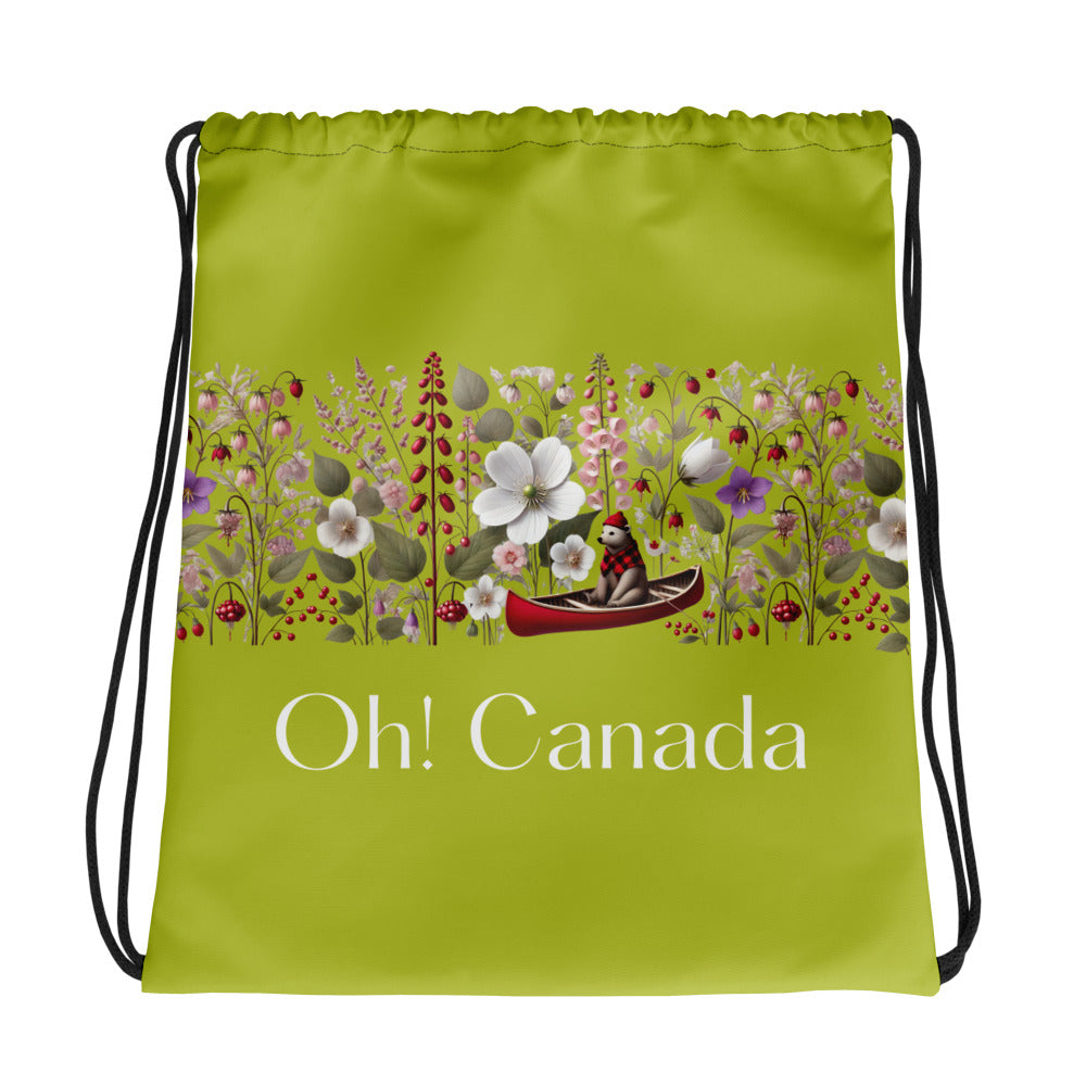 Chartreuse drawstring tote meditating bear canoe 15x17