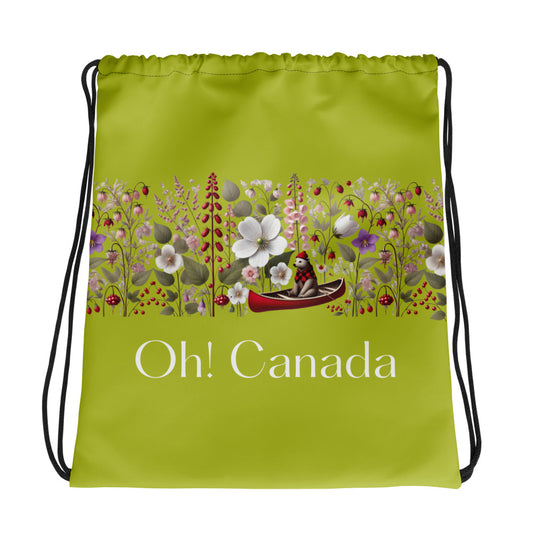 Chartreuse drawstring tote meditating bear canoe 15x17