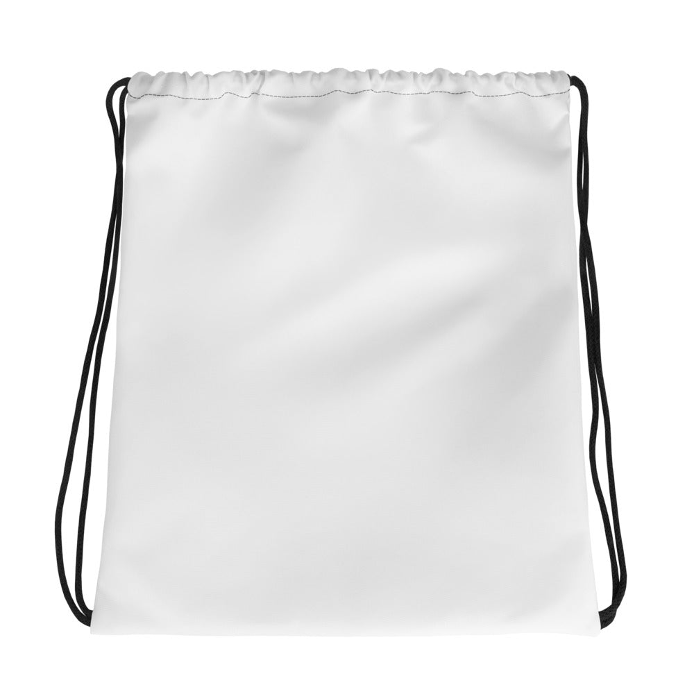 White drawstring bag with black strings on a white background