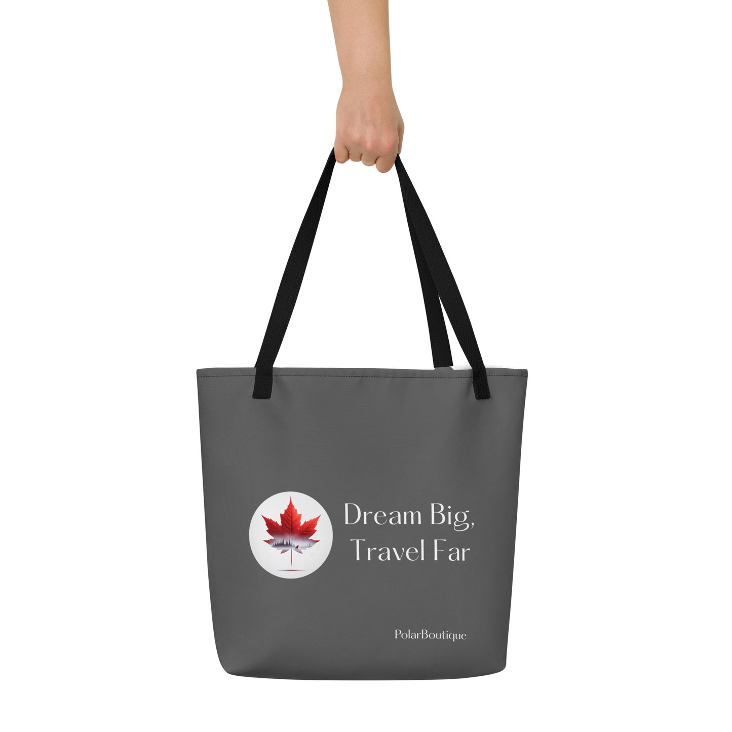 holding grey tote bag, all over print with pocket
