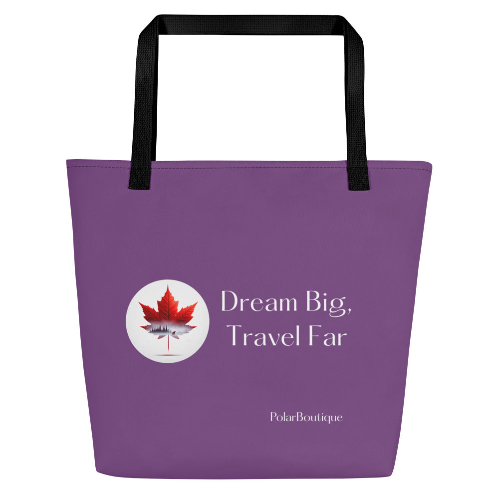Purple tote bag with a red maple leaf and text on a white background, front-side