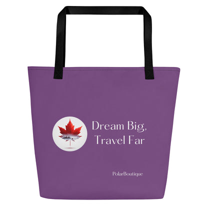 Purple tote bag with a red maple leaf and text on a white background, front-side