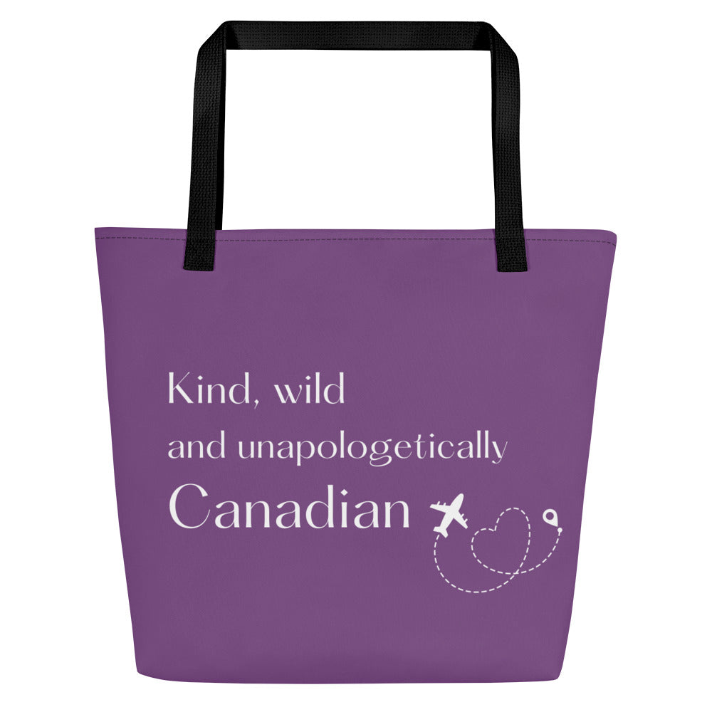 Purple tote bag with text and airplane graphic on a white background, back-side