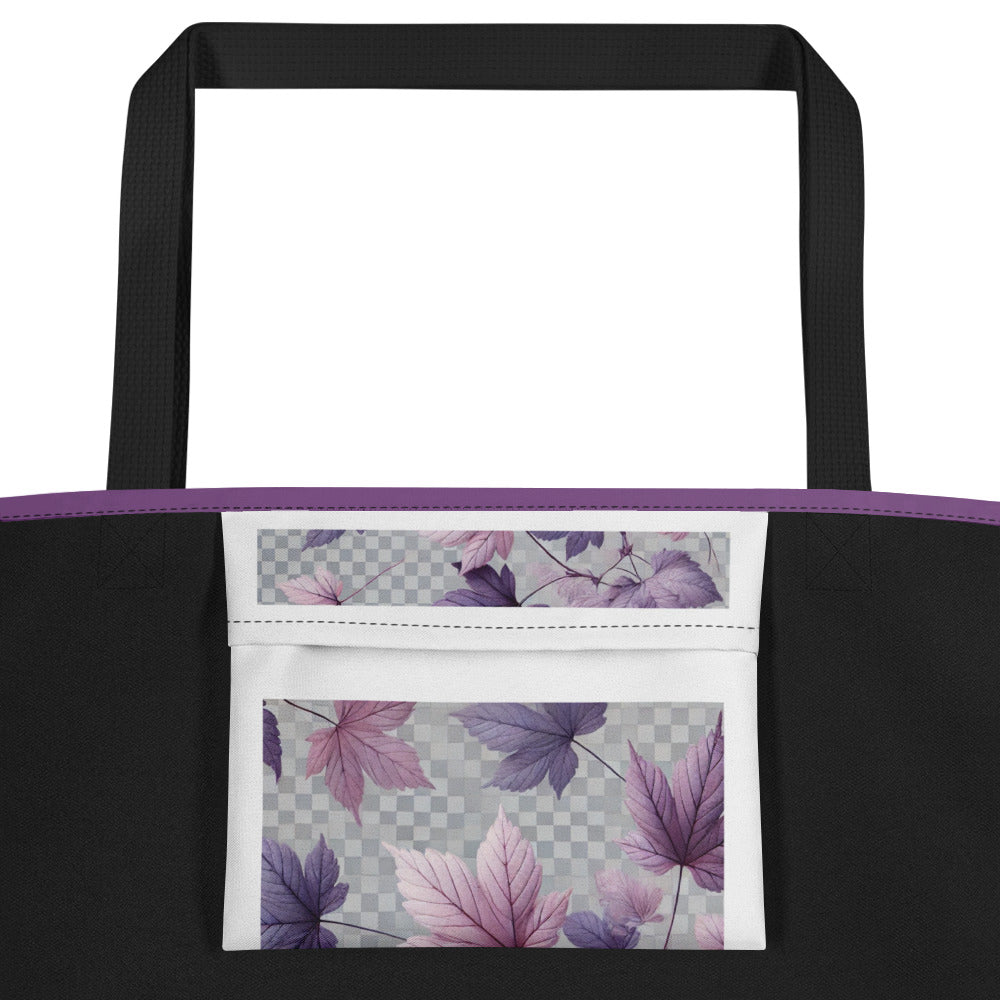 Black tote bag with purple leaf patterned interior pocket on a white background