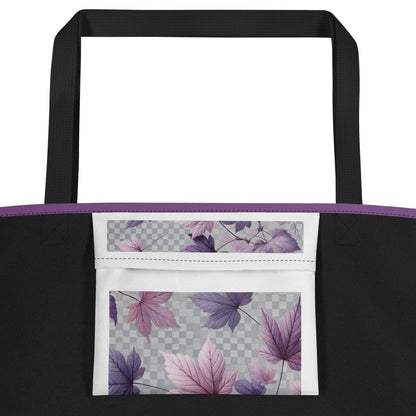 Black tote bag with purple leaf patterned interior pocket on a white background