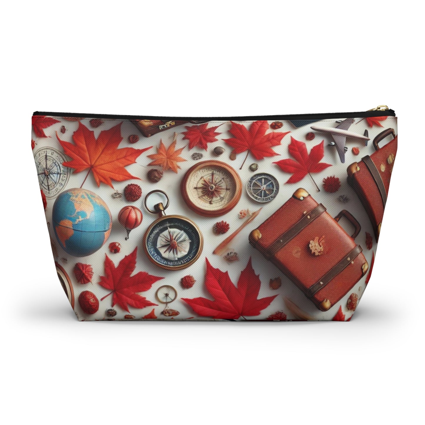 Backside, Cosmetic bag with travel-themed design featuring red leaves, suitcases, and globes on a white background.