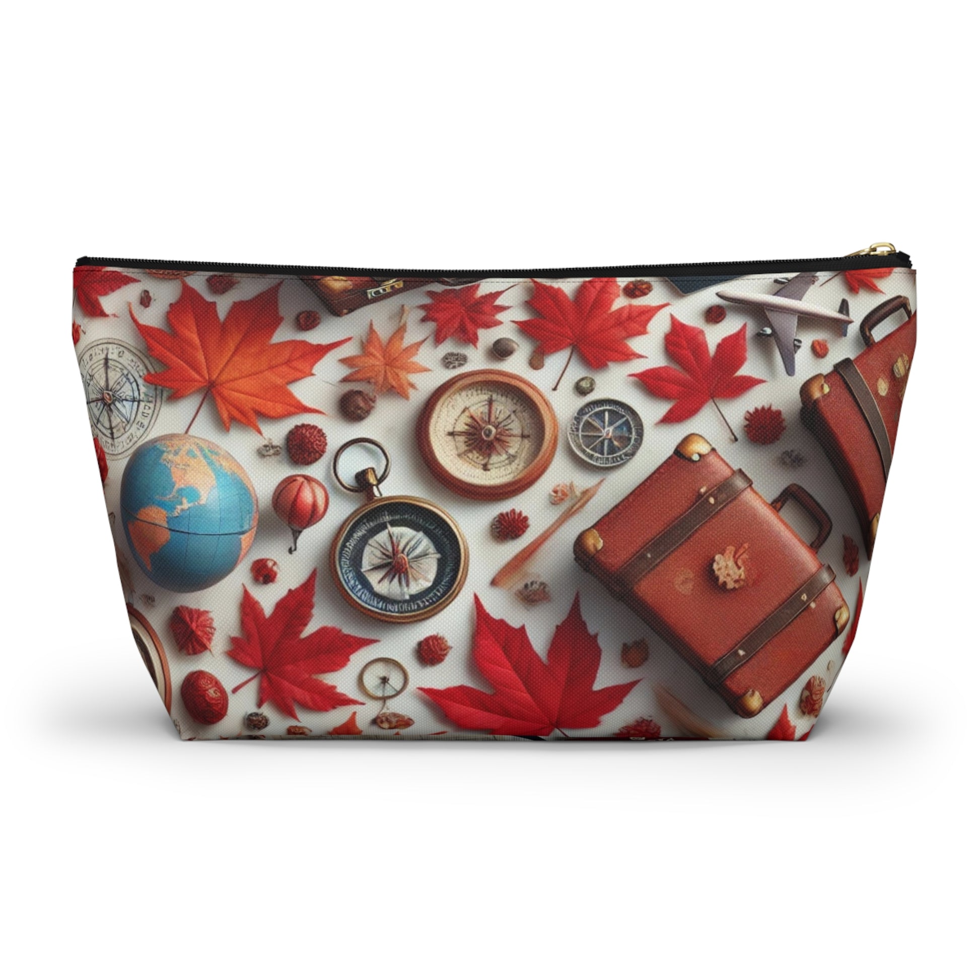 Backside, Cosmetic bag with travel-themed design featuring red leaves, suitcases, and globes on a white background.