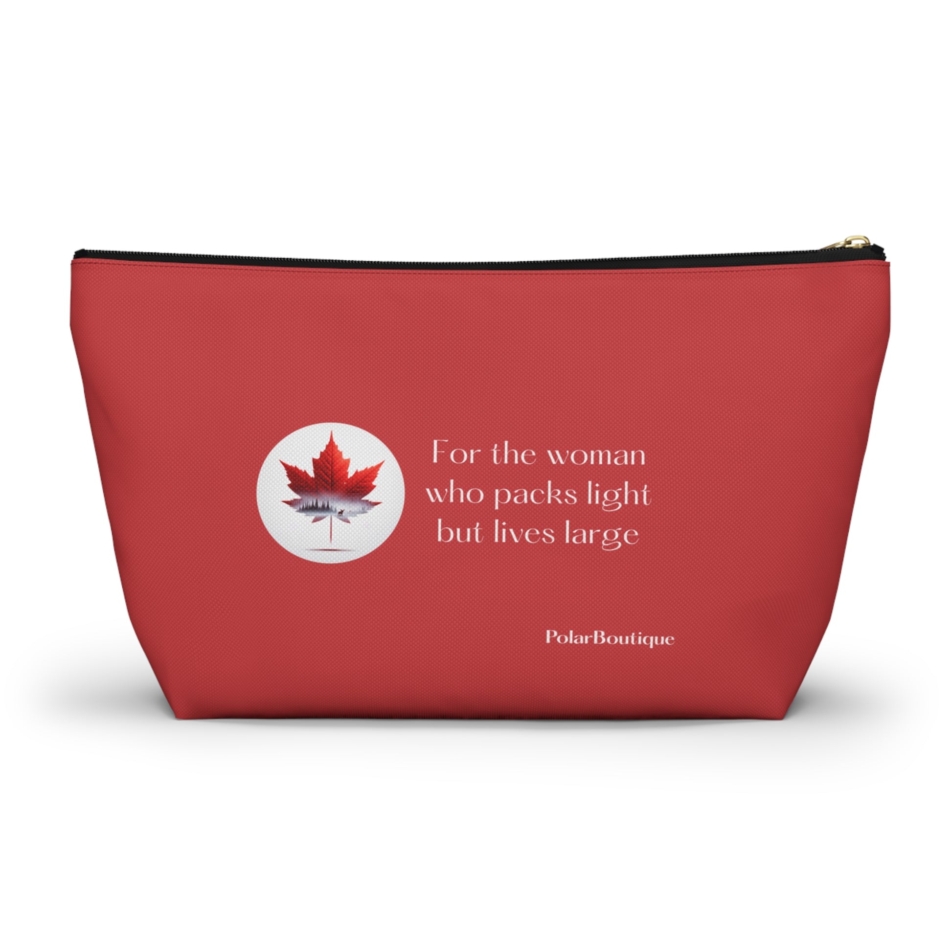 Red pouch with a maple leaf design and text - back view