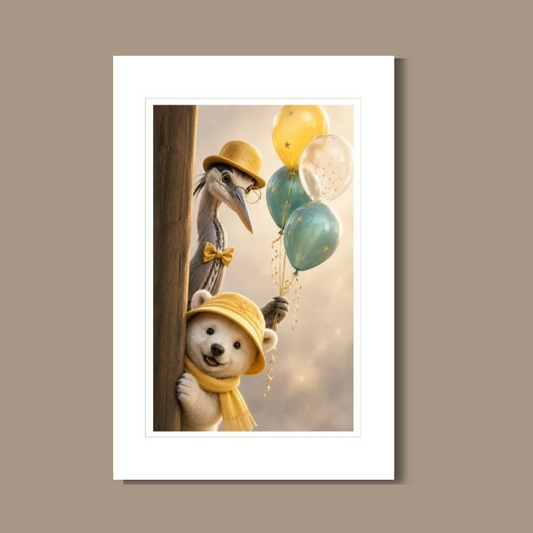 Tilly bear with great blue heron and celebratory balloons - cover