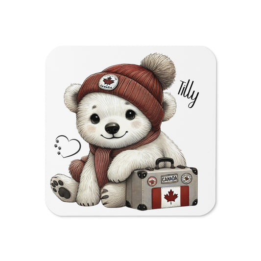 Illustration of Tilly the polar bear wearing her red beanie with a maple leaf, sitting next to a suitcase with Canadian design, on a white background.