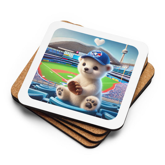 Coaster with Tilly the baby polar bear wearing a bluejay cap in Toronto, Ontario