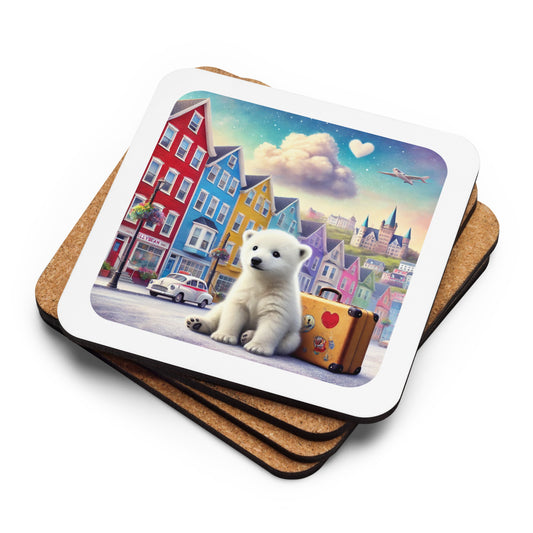 Coaster with Tilly polar bear and colorful houses design - Jellybean Row, Newfoundland on a white background