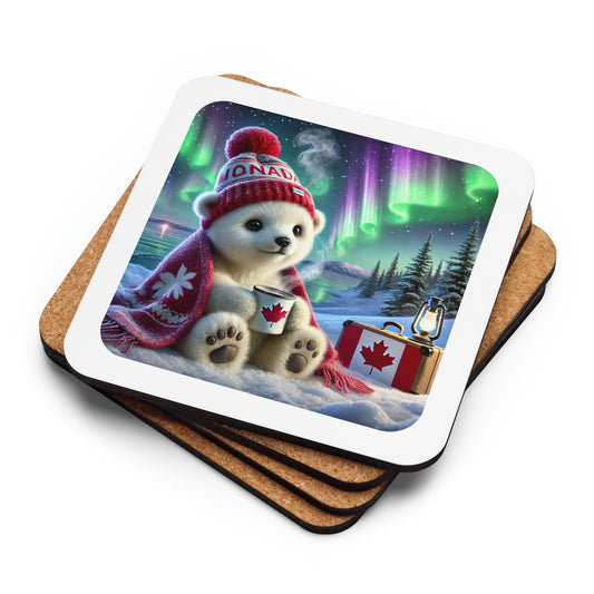 Coaster with Tilly design featuring a beanie, scarf, and suitcase with a Canadian flag, set against a Northern Lights background.