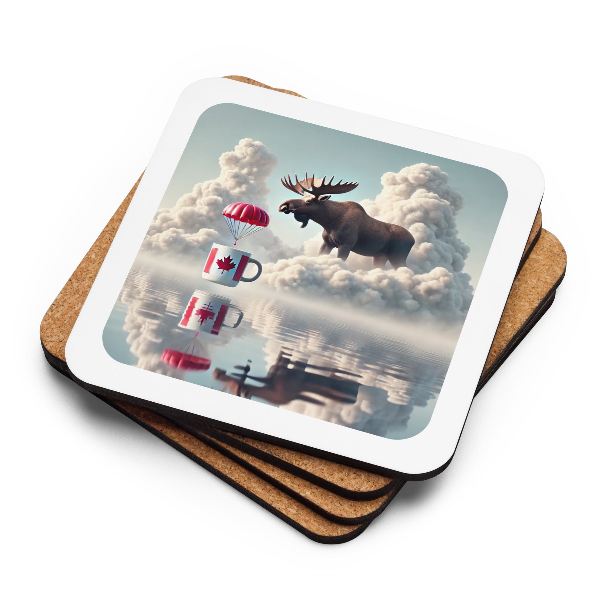 Coaster with a design of a moose and coffee cups on a white background