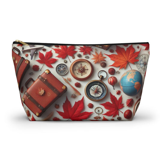 Cosmetic bag with travel-themed design featuring red leaves, suitcases, and globes on a white background - front view