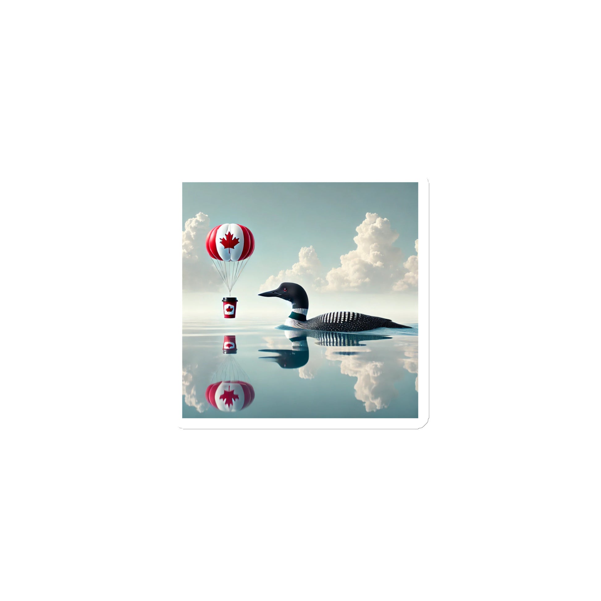Magnet - Loon floating on water with a hot air balloon featuring a Canadian flag in the background