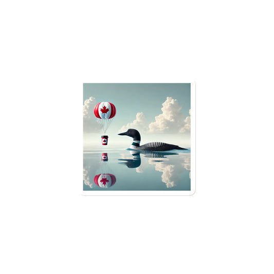 Magnet - Loon floating on water with a hot air balloon featuring a Canadian flag in the background