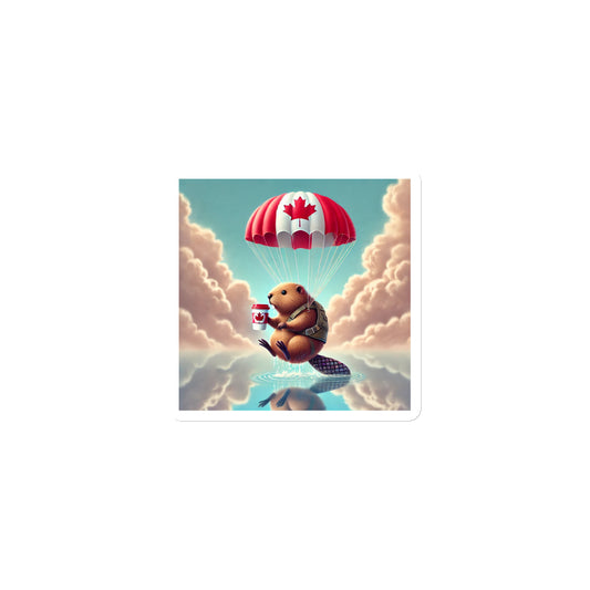 Magnet - Illustration of a beaver with a Canadian flag parachute flying over water and clouds.