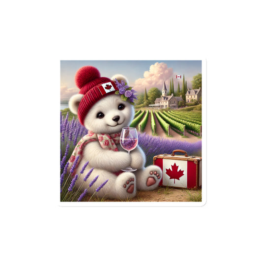 Tilly in a red hat with a Canadian flag, holding a glass of wine, standing next to a suitcase with a Canadian flag, in a scenic background with lavender fields and a village. Magnet 4" x 4"