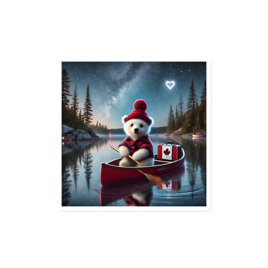 Magnet - Polar bear in a red outfit with a hat and suitcase on a canoe at night
