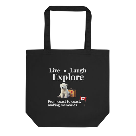 Organic black eco tote bag with a polar bear graphic, text, and a Canadian flag on a white background