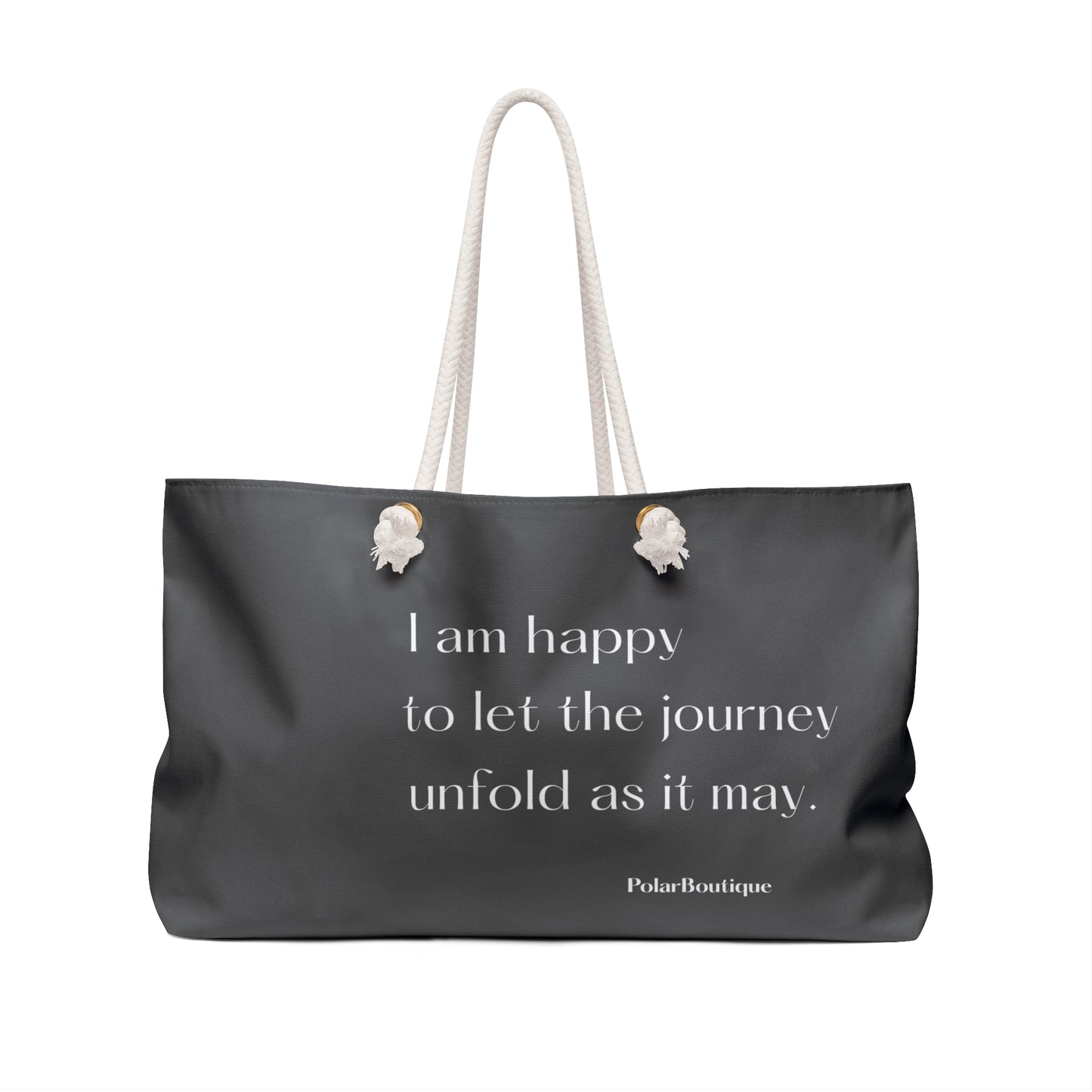 Gray tote bag with a quote and brand name on a white, background