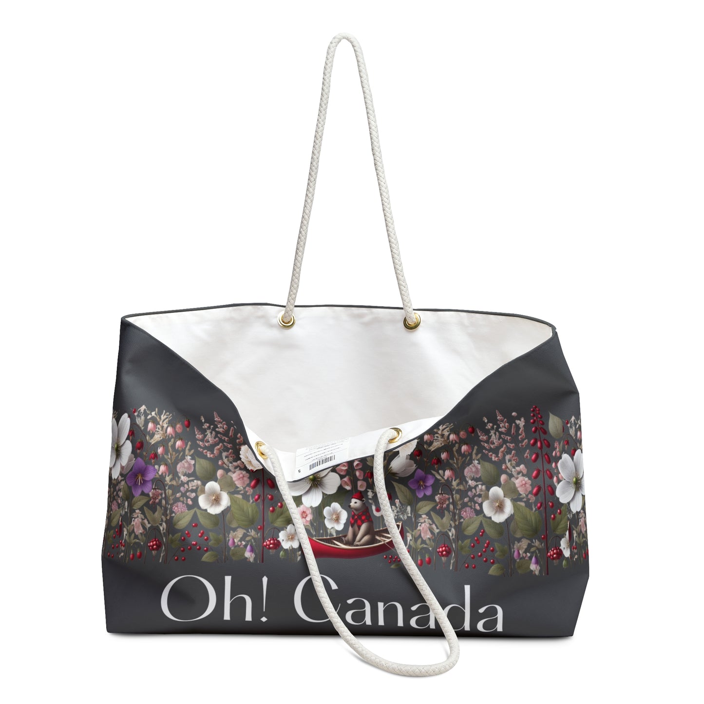 Tote bag with floral design and 'Oh! Canada' text looking inside view