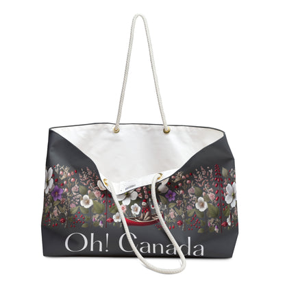 Tote bag with floral design and 'Oh! Canada' text looking inside view