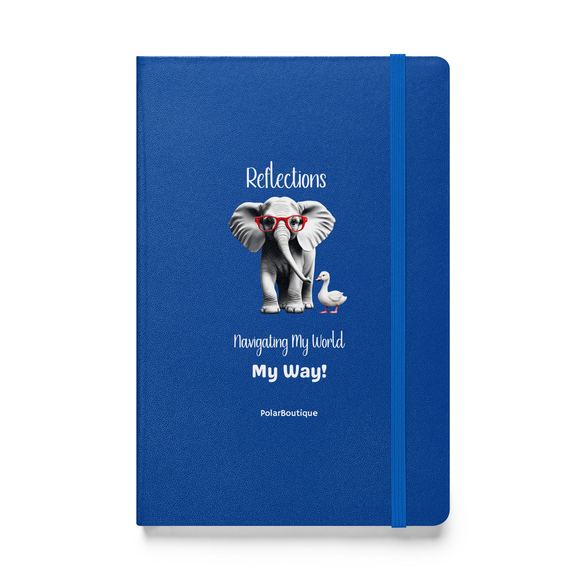 Blue notebook 'Reflections' with an elephant and duck illustration and text on a white background