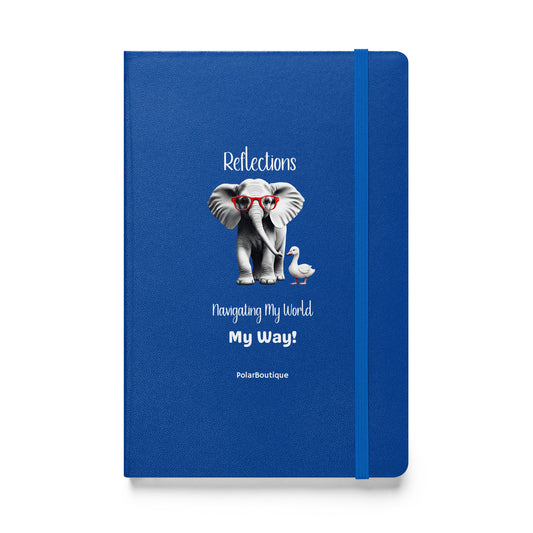 Blue notebook 'Reflections' with an elephant and duck illustration and text on a white background