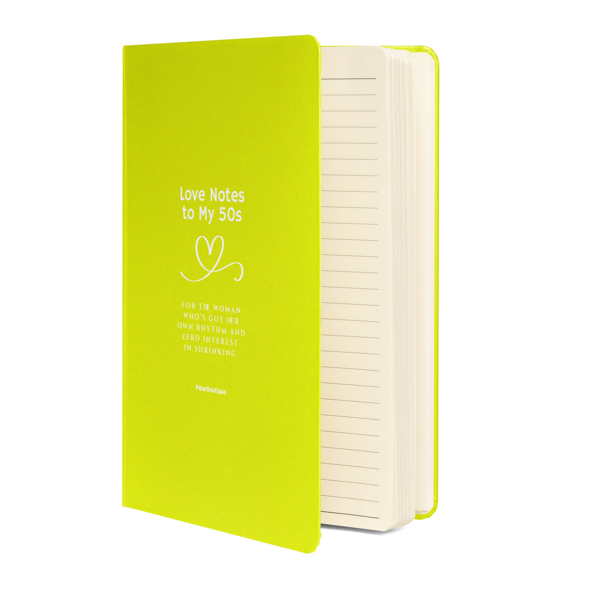 Green Love to My 50s notebook with white text and pages on a white background