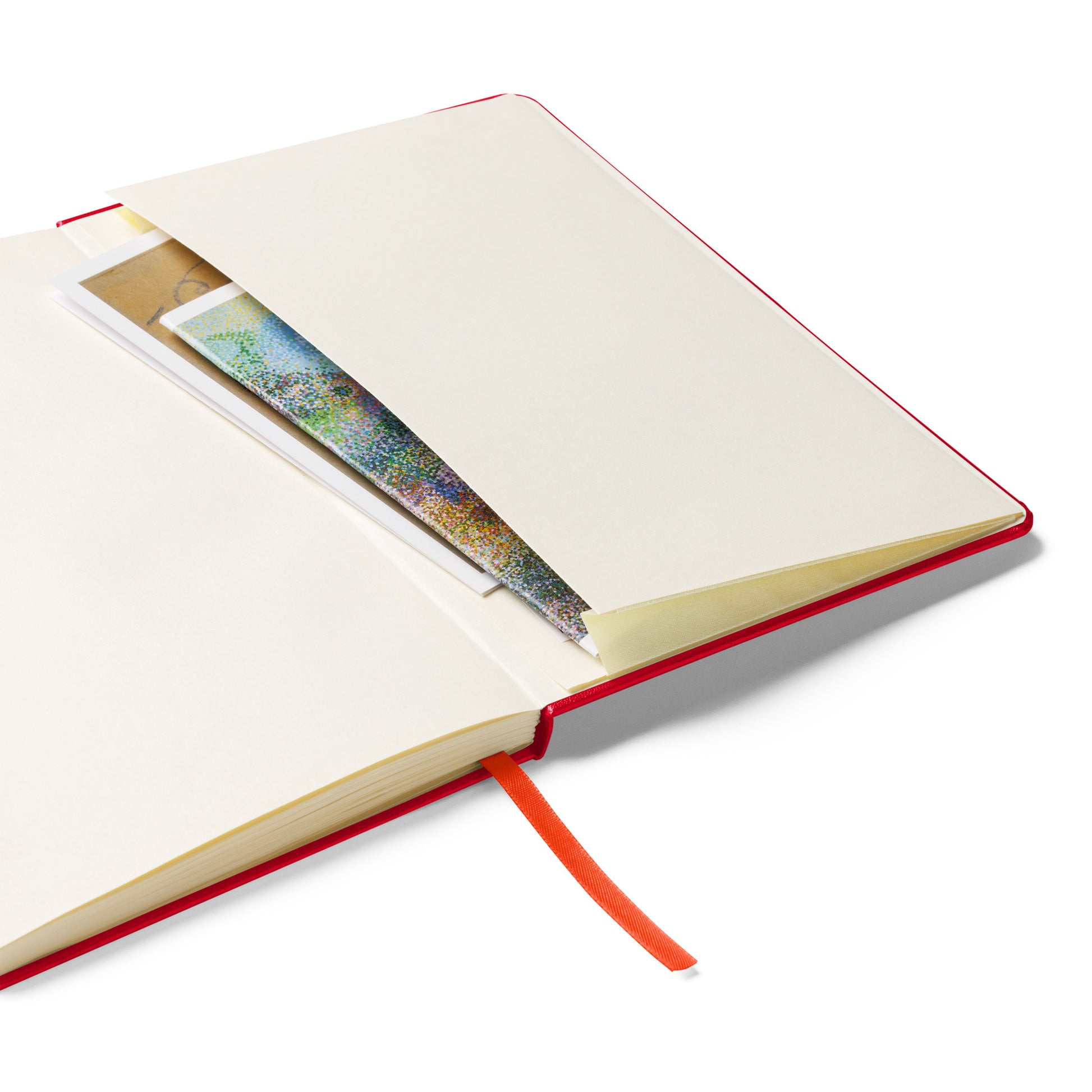 red lined journal with accordion back pocket
