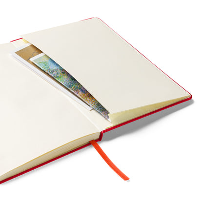 red lined journal with accordion back pocket