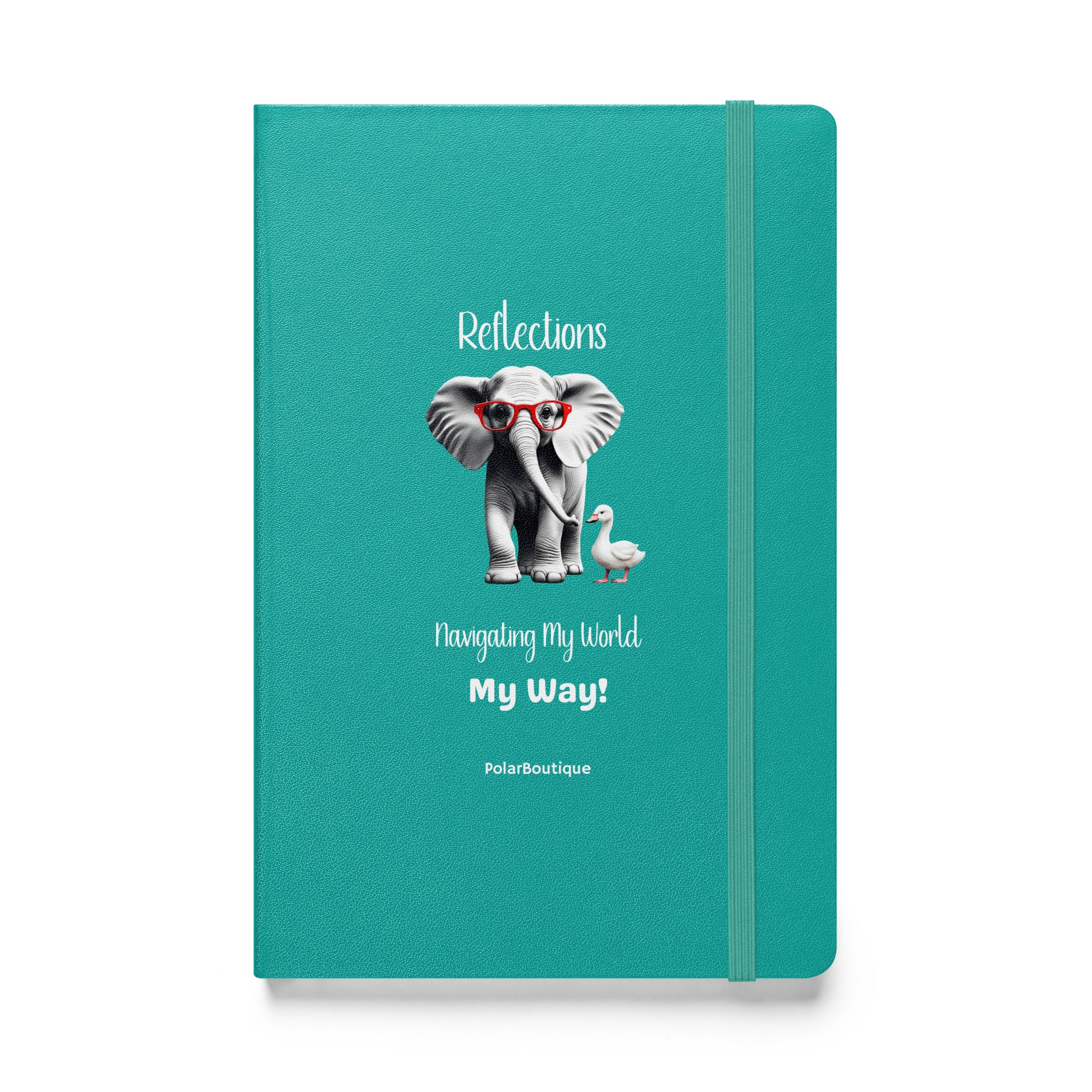 Teal notebook with an elephant and duck illustration and text on a white background
