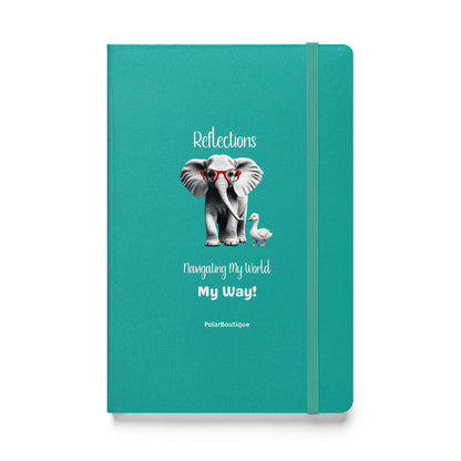 Teal notebook with an elephant and duck illustration and text on a white background