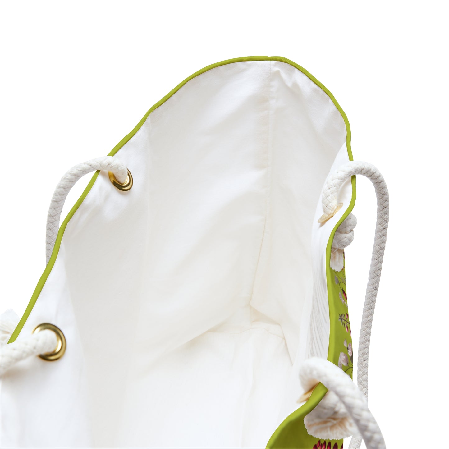 White drawstring bag with green accents on a white background